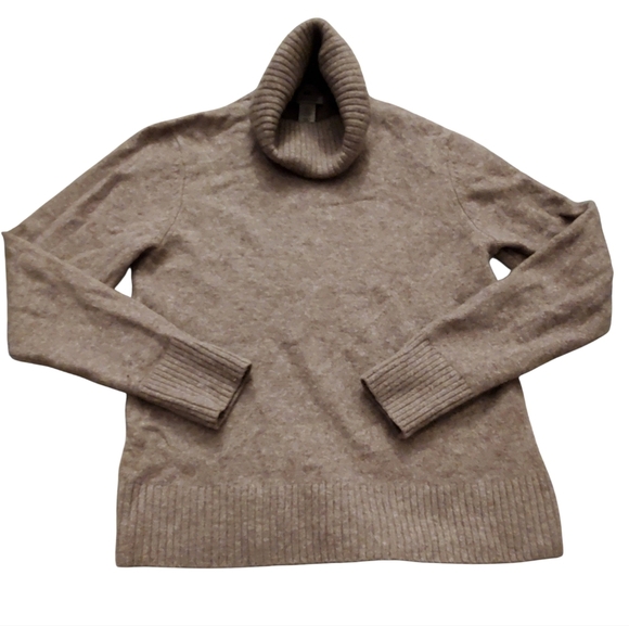 H&M WASHABLE WOOL TURTLENECK SWEATER HEATHERED BROWN RIBBED TRIM SZ M - Picture 5 of 10